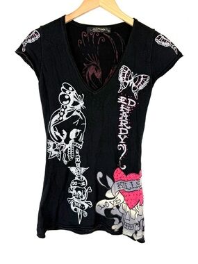VINTAGE Y2K Ed Hardy AOP Embellished Love Kills Slowly Skull Butterfly Tee
